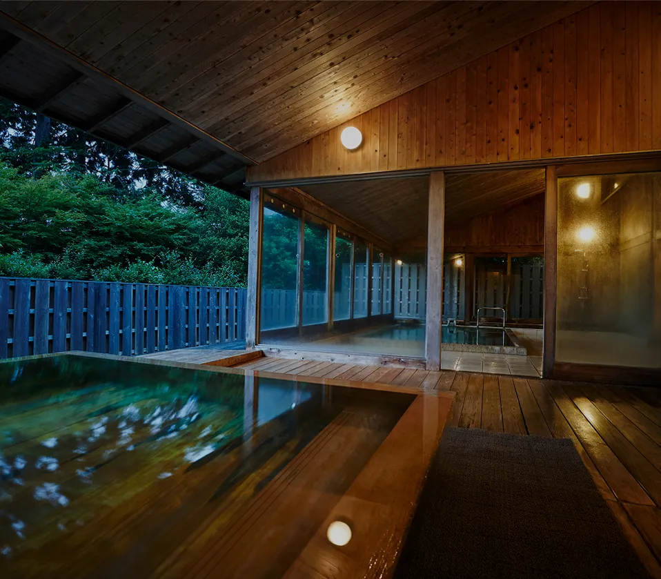 露天風呂から緑豊かな山々を望む湯浴みの景色